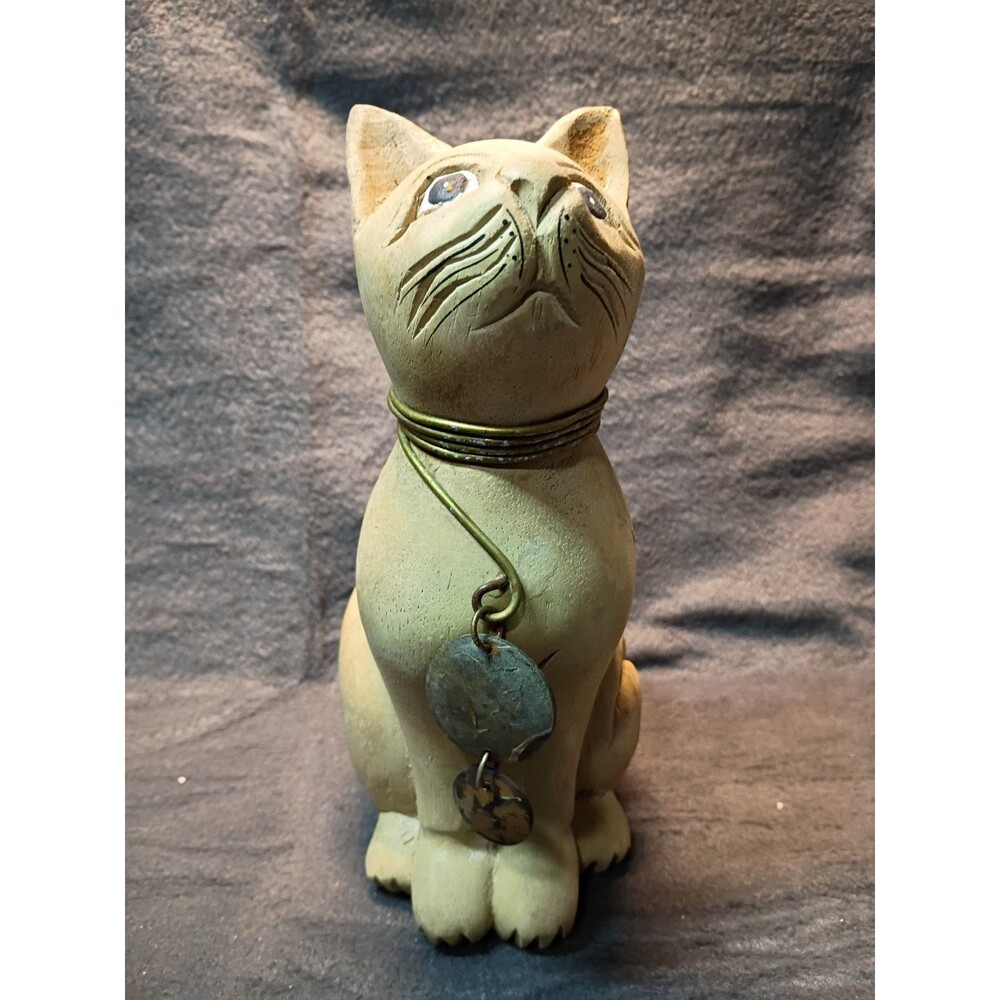 Vintage Hand Carved Wooden Cat Folk Art Sculpture Brass Collar Rustic Whimsical - Picture 2 of 14